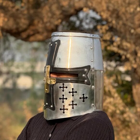 Knight Templar Crusader Helmet Medieval Great Helm Handmade Steel Brass Gift - Picture 4 of 7